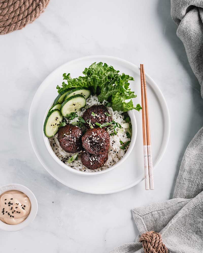 Sticky Asian Meatballs & Sesame Mayonnaise